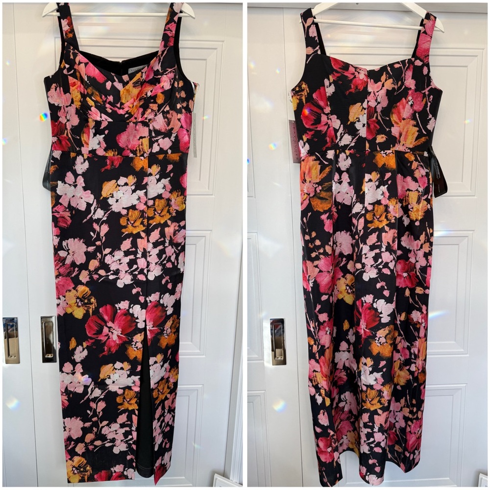 NWT KAY UNGER NICOLE COLUMN GOWN SAFFRON/BLACK FORMAL RETAIL $328 FLORAL 14 12